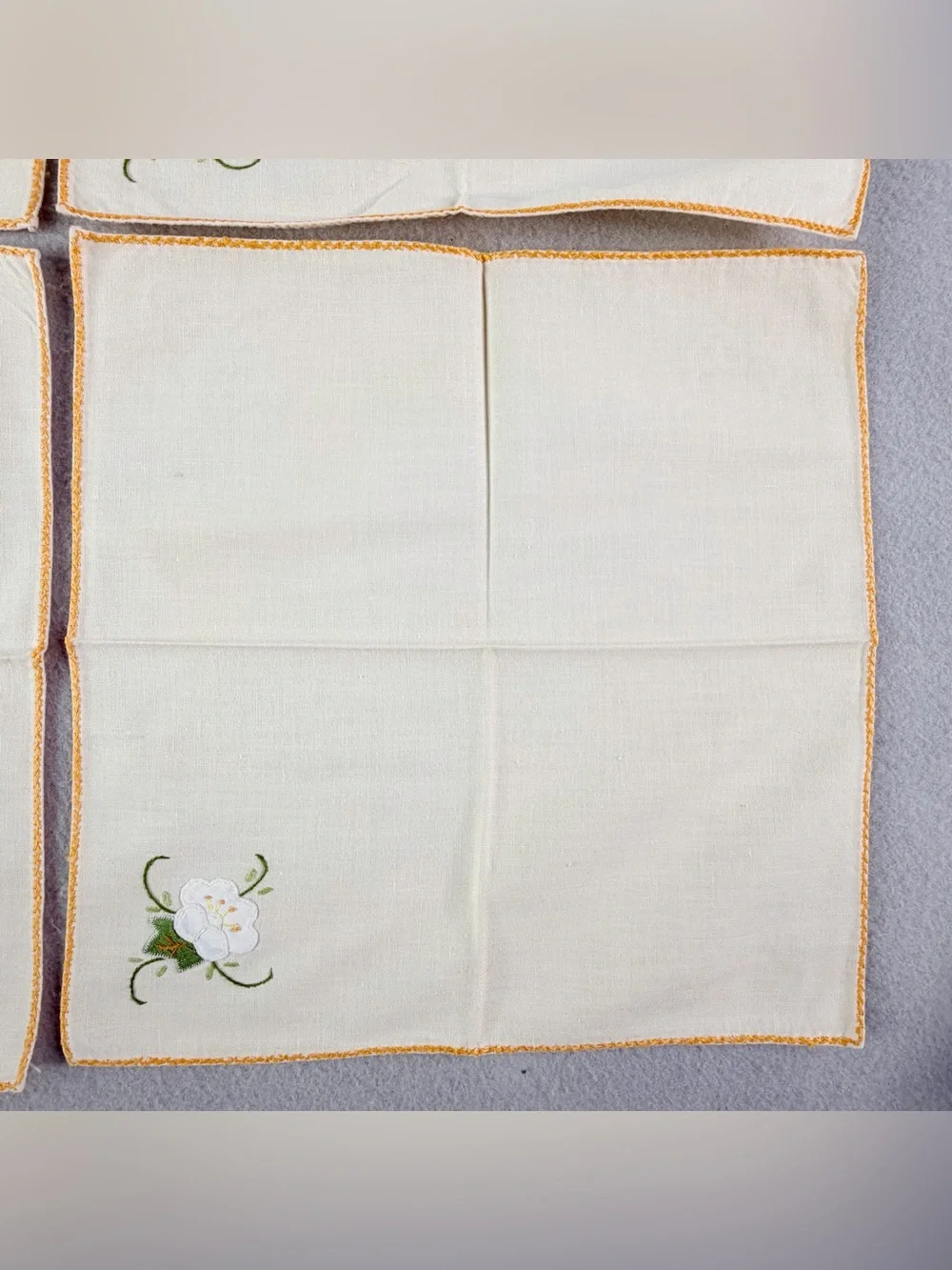 Vintage Ivory Embroidered Napkin Set 4 Floral Appliqué Handmade Cottagecore